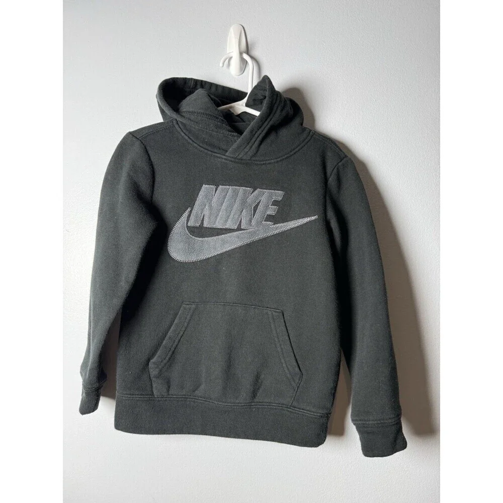 Nike Youth Black Pullover Sweatshirt Hoodie Grey Textured Swoosh Size 4 XS